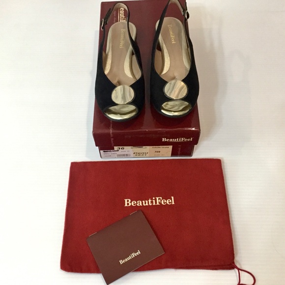 BEAUTIFEEL Demi Black Suede Slingback Flats Gold 6 - Picture 8 of 13